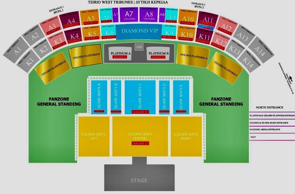 Tsirio Stadium seating map — Diamond VIP, Gold Central, Silver Tribune, Fanzone Arena